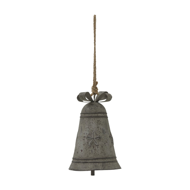 Hill Interiors Rustic Metal Hanging Bell with decorative bow top and jute rope, finished in weathered white, shown against a plain white background.