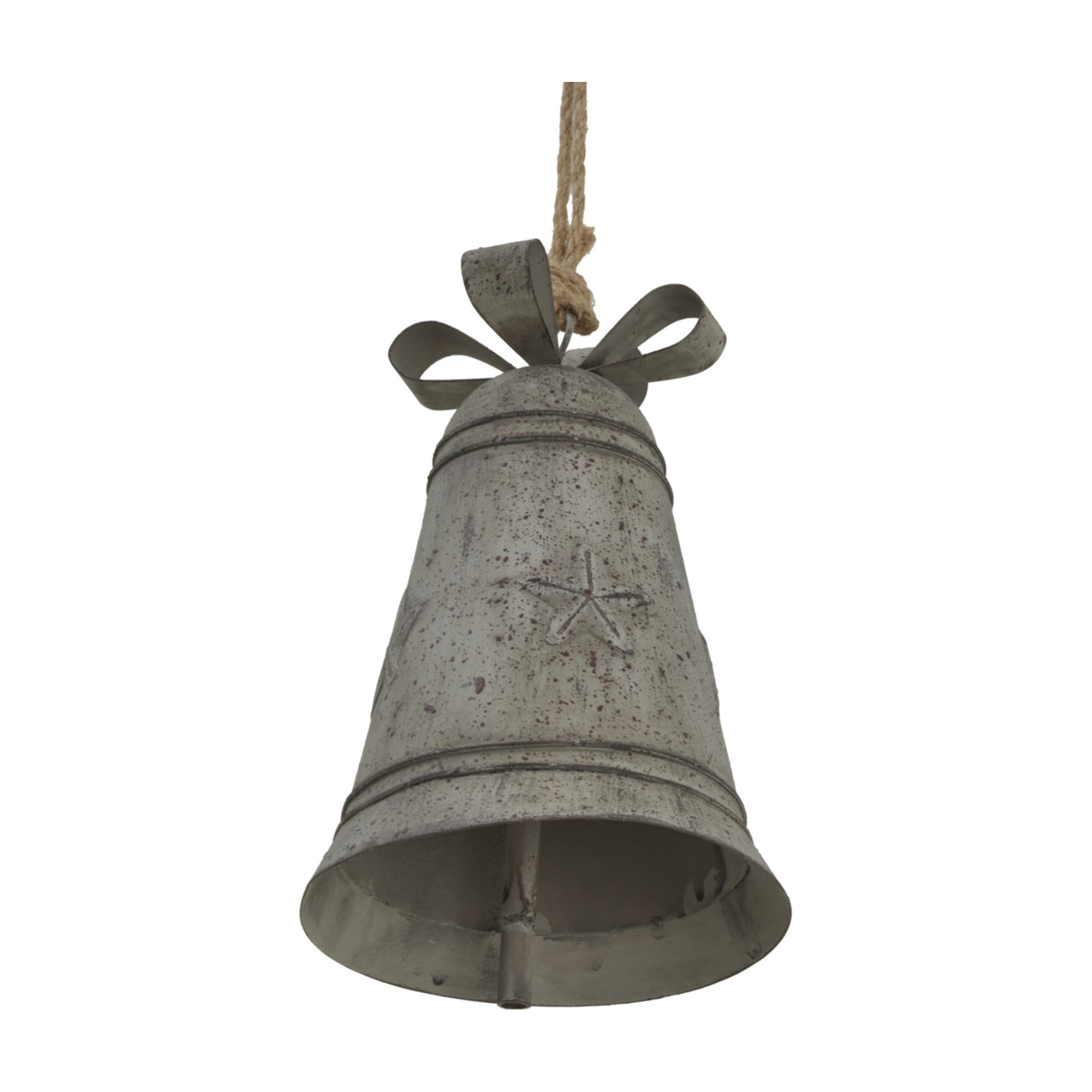 Hill Interiors Rustic Metal Hanging Bell with decorative bow and jute rope in weathered white finish, shown on a plain background.
