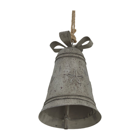 Hill Interiors Rustic Metal Hanging Bell with decorative bow and jute rope in weathered white finish, shown on a plain background.