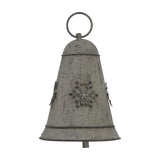 Hill Interiors rustic white metal hanging bell with snowflake motif and ring loop, shown against a plain white background.