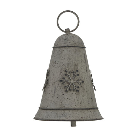 Hill Interiors rustic white metal hanging bell with snowflake motif and ring loop, shown against a plain white background.