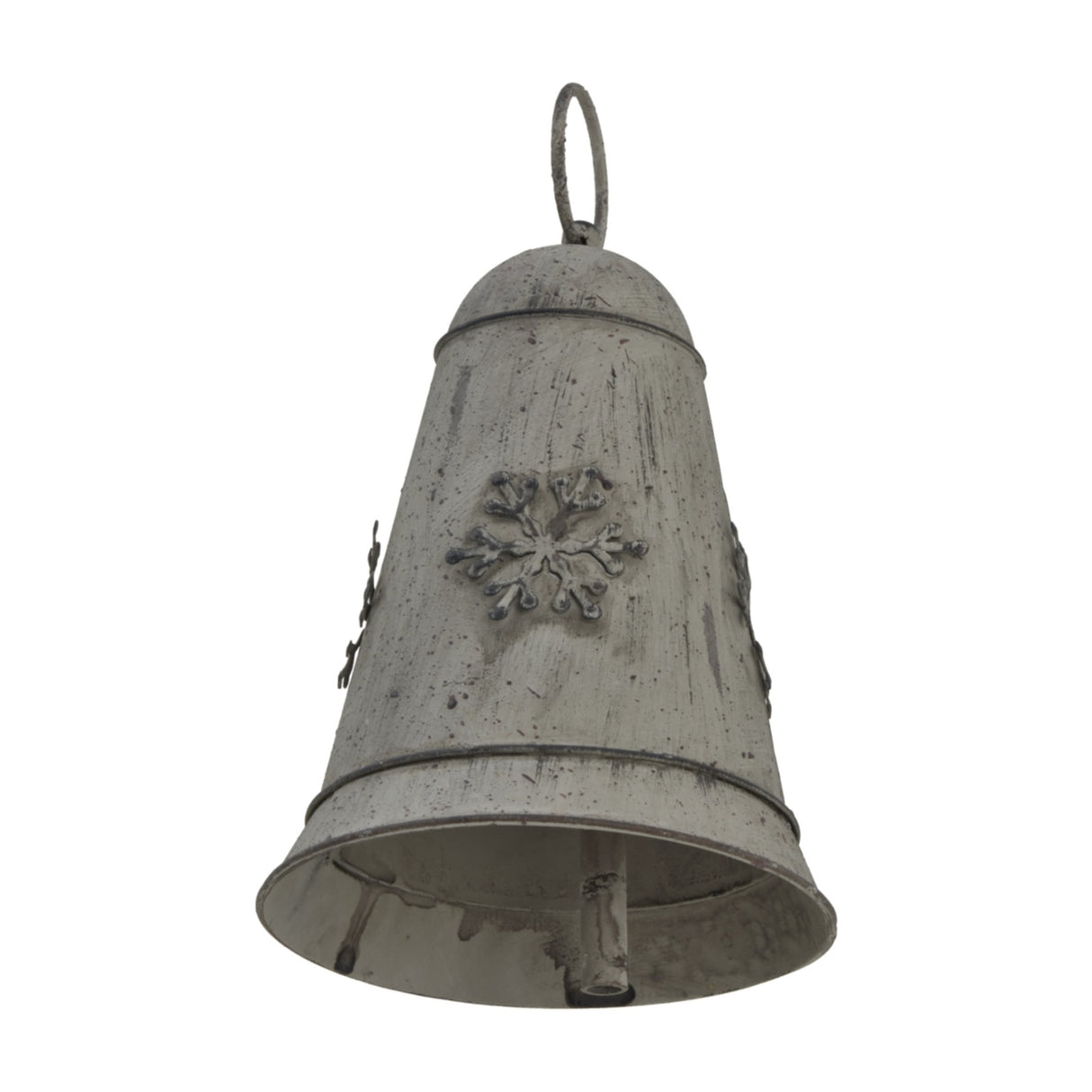 Hill Interiors medium rustic white metal hanging bell with embossed snowflake motif and looped top ring, shown against a plain white background.