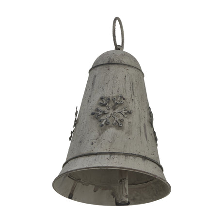 Hill Interiors medium rustic white metal hanging bell with embossed snowflake motif and looped top ring, shown against a plain white background.
