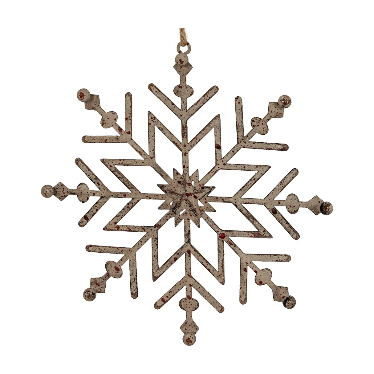 Hill Interiors Rustic Hanging Ice Snowflake Decoration in distressed white metal with openwork detail and jute loop, shown on a plain background.