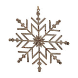 Hill Interiors Rustic Hanging Ice Snowflake Decoration in distressed white metal with openwork detail and jute loop, shown on a plain background.