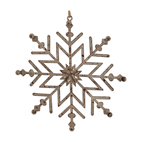 Hill Interiors Rustic Hanging Ice Snowflake Decoration in distressed white metal with openwork detail and jute loop, shown on a plain background.