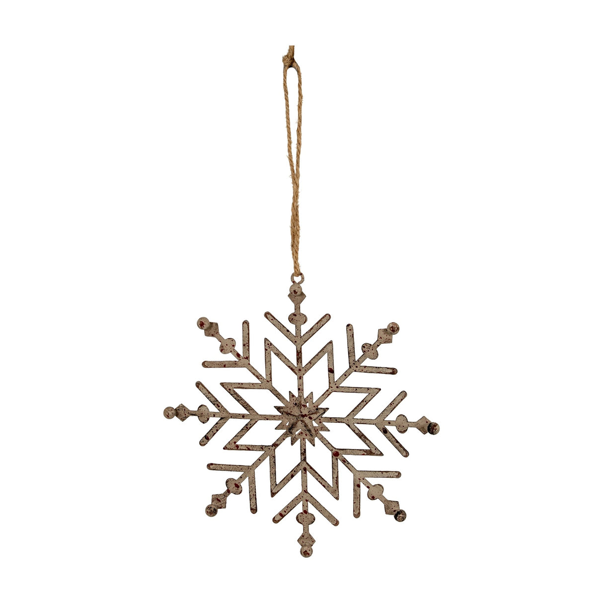 Hill Interiors Rustic Hanging Ice Snowflake Decoration in white metal with openwork cut-out design and jute loop, shown against a plain white background.