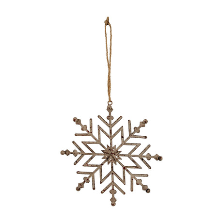 Hill Interiors Rustic Hanging Ice Snowflake Decoration in white metal with openwork cut-out design and jute loop, shown against a plain white background.