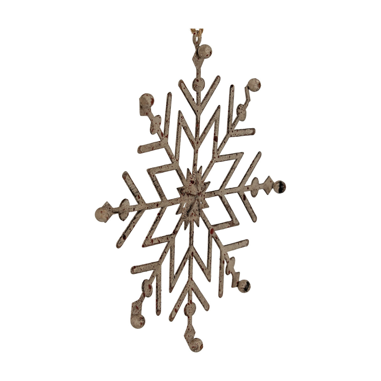 Hill Interiors Rustic Hanging Ice Snowflake Decoration in white weathered metal, openwork six-point design with ball tips and twine loop, on a white background.