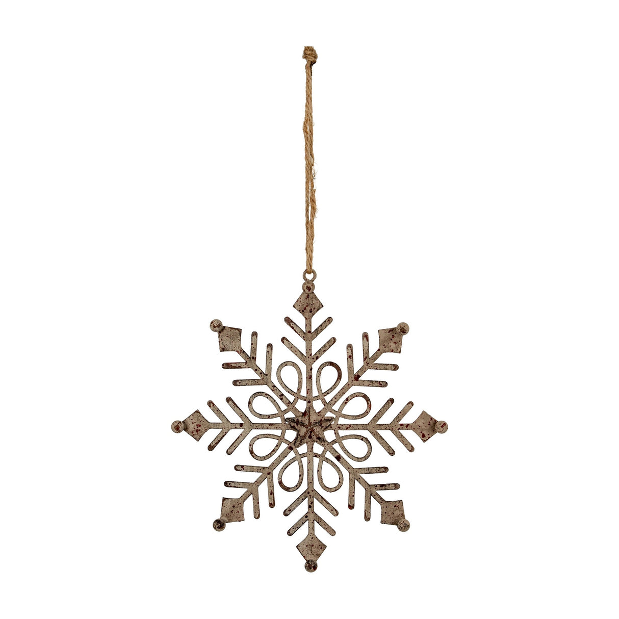 Hill Interiors Rustic Hanging Gem Snowflake Decoration in aged white metal with gem-style centre, suspended from jute string against a plain background.