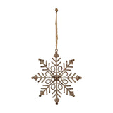 Hill Interiors Rustic Hanging Gem Snowflake Decoration in aged white metal with gem-style centre, suspended from jute string against a plain background.