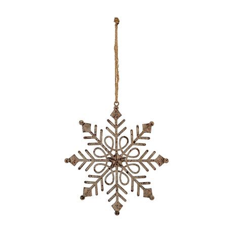 Hill Interiors Rustic Hanging Gem Snowflake Decoration in aged white metal with gem-style centre, suspended from jute string against a plain background.