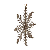 Hill Interiors Rustic Hanging Gem Snowflake Decoration in aged white metal with looped centre and jute cord, shown against a plain white background.