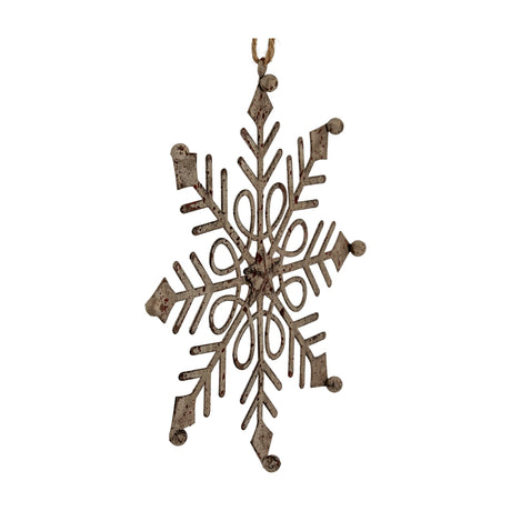 Hill Interiors Rustic Hanging Gem Snowflake Decoration in aged white metal with looped centre and jute cord, shown against a plain white background.