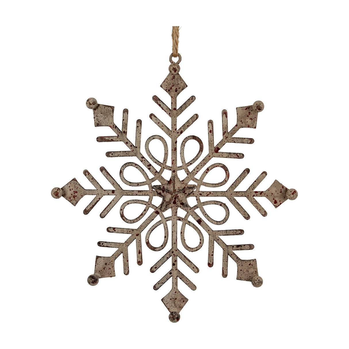 Hill Interiors Rustic Hanging Gem Snowflake Decoration in white metal with an aged finish, six-point design and jute loop, shown on a plain background.