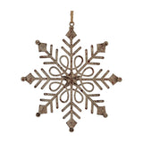 Hill Interiors Rustic Hanging Gem Snowflake Decoration in white metal with an aged finish, six-point design and jute loop, shown on a plain background.