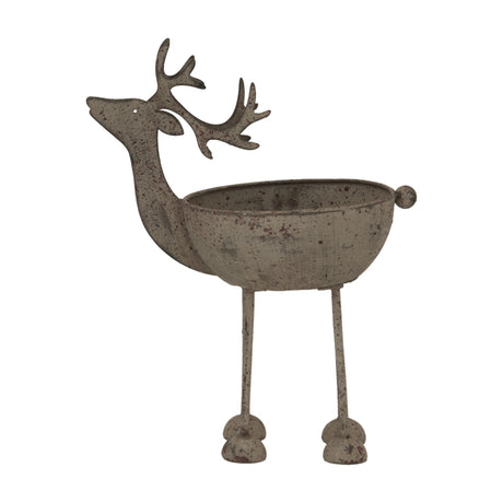 Hill Interiors Rustic Metal Reindeer Bowl in weathered white, shaped as a standing reindeer with antlers holding a small bowl, on a plain background.