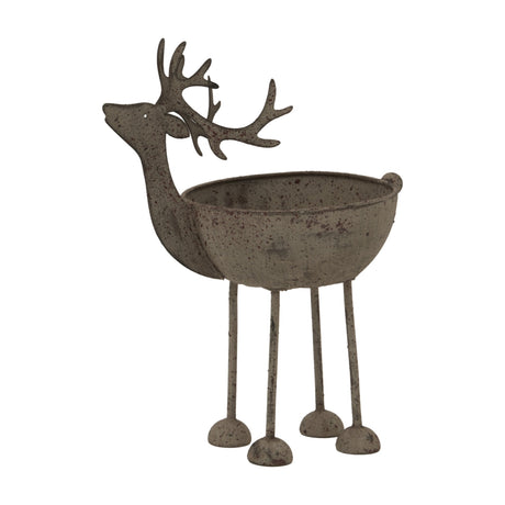 Hill Interiors Rustic Metal Reindeer Bowl in weathered white, shaped as an antlered reindeer holding a round bowl on slim legs, on a plain background.