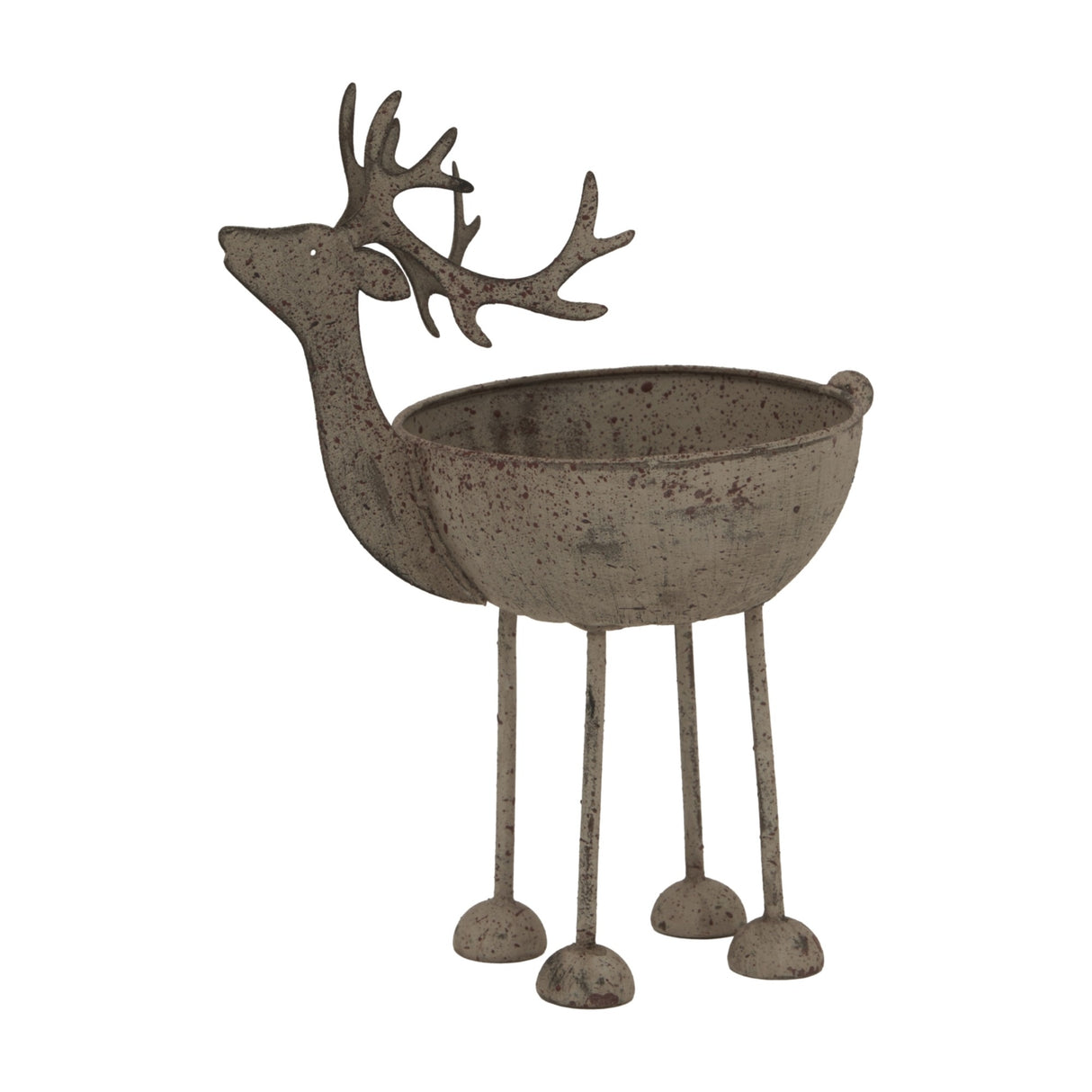 Hill Interiors Rustic Metal Reindeer Bowl in white with weathered speckled finish, antlers raised and slim legs, shown on a plain background.
