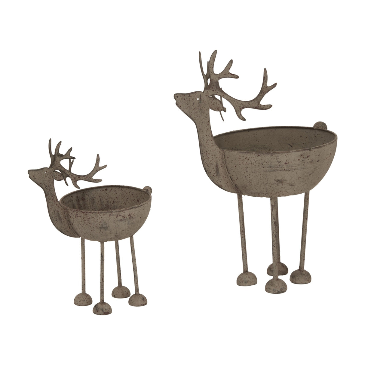 Hill Interiors Rustic Metal Reindeer Bowl in white, shown in two sizes with weathered finish, antlers and slim legs, on a plain background.
