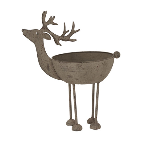 Hill Interiors Large Rustic Metal Reindeer Bowl in white, featuring a sculpted antlered head, curved back cradling a shallow bowl, and slim legs.