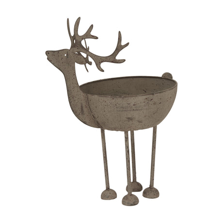 Hill Interiors Large Rustic Metal Reindeer Bowl in white, with sculpted antlers and slender legs cradling a shallow open bowl, on a plain background.