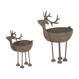 Hill Interiors Large Rustic Metal Reindeer Bowls in worn white finish, shown in two sizes with antlered heads and shallow open backs on slim legs.