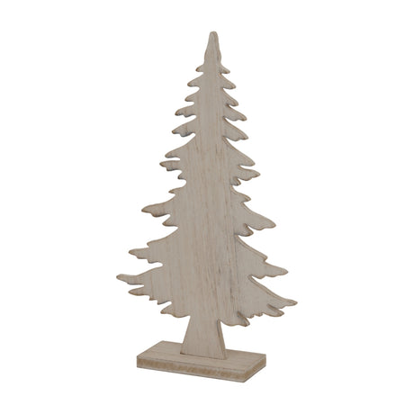 Hill Interiors natural rustic wooden Christmas tree decoration in beige, cut from timber with visible grain, standing on a small square base.