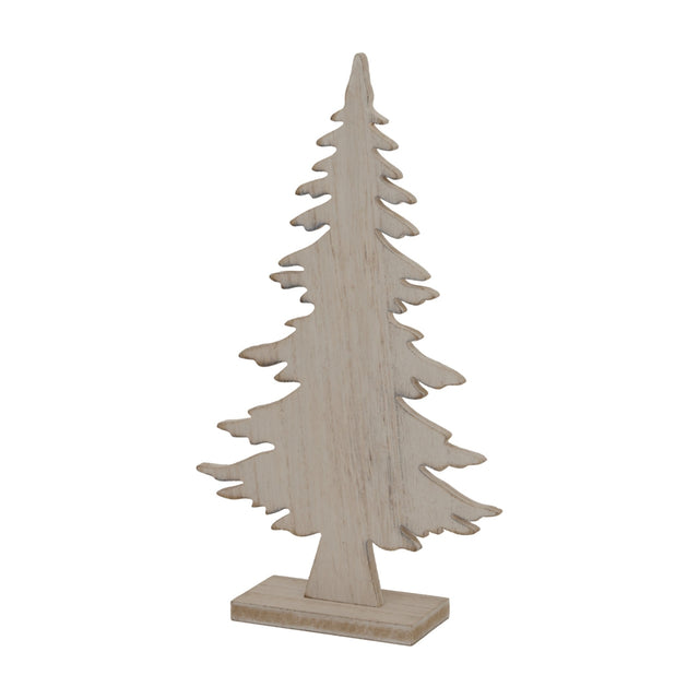 Hill Interiors natural rustic wooden Christmas tree decoration in beige, cut from timber with visible grain, standing on a small square base.