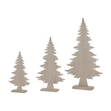 Set of three Hill Interiors Natural Rustic Wooden Tree on Stand decorations in beige, shown in graduating sizes on square bases against a white background.