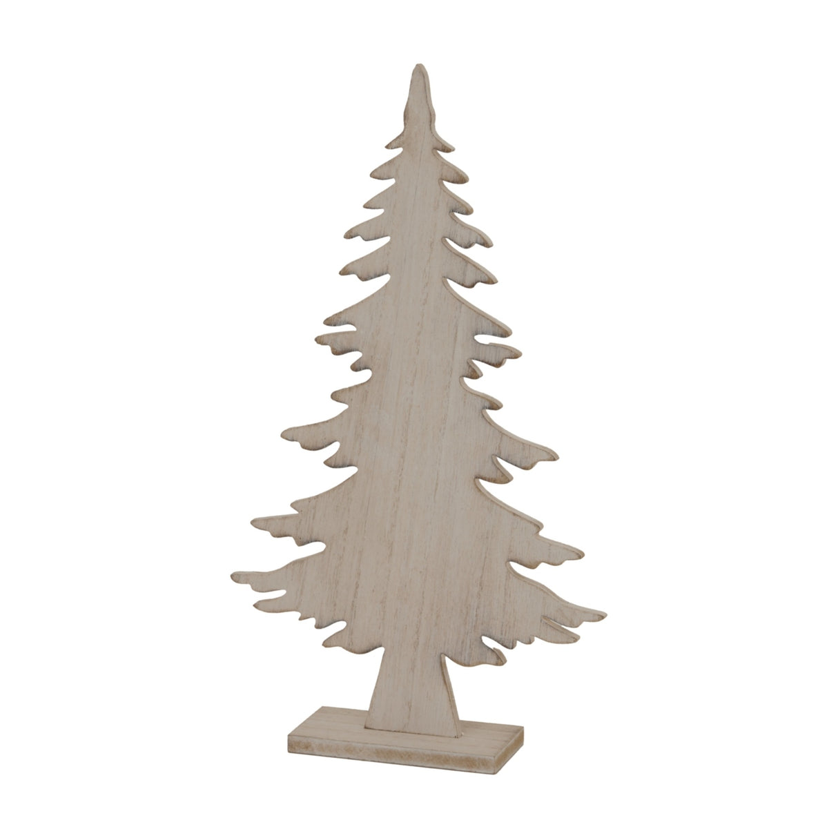 Hill Interiors medium rustic wooden Christmas tree decoration in beige, with layered branch silhouette on a small rectangular base, shown on a white background.