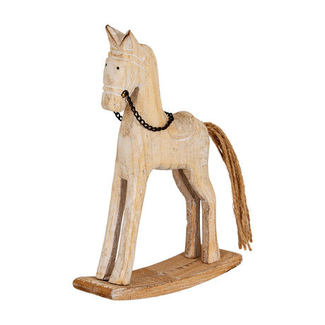 Hill Interiors Natural Rustic Wooden Rocking Horse in beige with carved detail, black chain bridle and frayed rope tail on a curved rocker base.