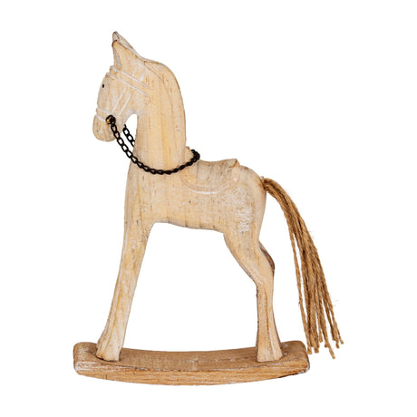 Hill Interiors Natural Rustic Wooden Rocking Horse in beige with carved grain, jute tail and dark chain bridle on a curved rocker base.