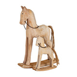 Hill Interiors Natural Rustic Wooden Rocking Horse in beige, shown with a smaller matching horse, both with rope tails and chain bridles on curved rockers.