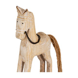 Hill Interiors Natural Rustic Wooden Rocking Horse in beige with carved detailing, chain bridle and frayed rope tail, shown against a white background.