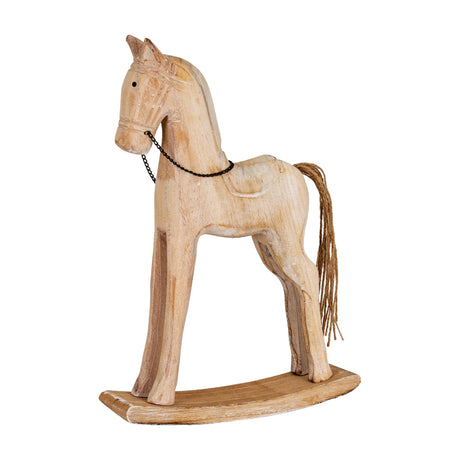 Hill Interiors large rustic wooden rocking horse in beige with carved bridle, black chain detail and frayed rope tail on curved rockers, plain white background.
