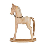 Hill Interiors large rustic wooden rocking horse in beige with visible grain, chain bridle and frayed rope tail on curved rockers, plain white background.