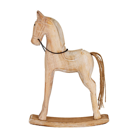 Hill Interiors large rustic wooden rocking horse in beige with visible grain, chain bridle and frayed rope tail on curved rockers, plain white background.