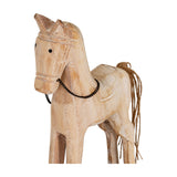 Close-up of Hill Interiors Large Rustic Wooden Rocking Horse in beige, showing carved head, black chain bridle and jute tail against a white background.