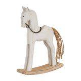 Hill Interiors wooden rocking horse ornament in whitewashed brown with carved profile, chain bridle and rope tail on curved rocker base, plain white background.