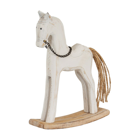 Hill Interiors wooden rocking horse ornament in whitewashed brown with carved profile, chain bridle and rope tail on curved rocker base, plain white background.