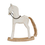 Hill Interiors wooden rocking horse ornament in whitewashed finish with chain bridle and rope tail on a curved wooden base, shown against a white background.