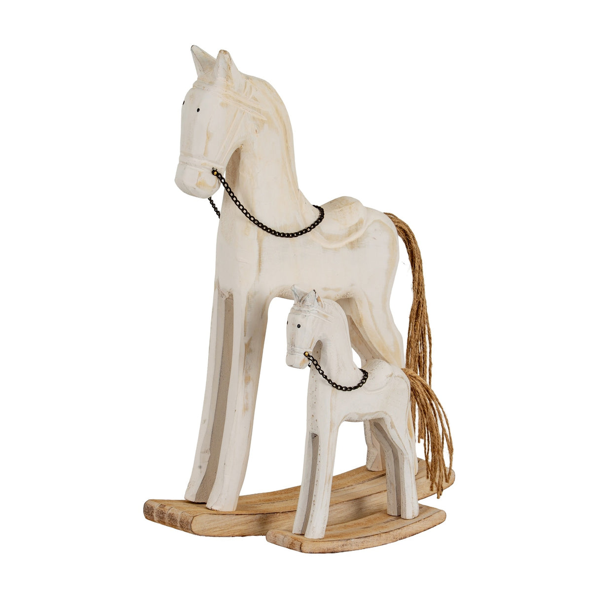 Hill Interiors wooden rocking horse ornament pair in whitewashed finish with chain reins and rope tails, shown on a plain white background.