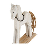 Hill Interiors wooden rocking horse ornament with whitewashed carved body, black chain bridle, jute tail and rustic wood base on a plain background.