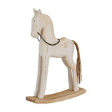 Hill Interiors Large Rustic Wooden Rocking Horse in whitewashed brown finish with chain bridle and rope tail on a curved wooden base.