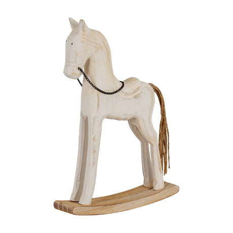 Hill Interiors Large Rustic Wooden Rocking Horse in whitewashed brown finish with chain bridle and rope tail on a curved wooden base.