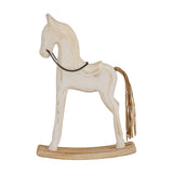 Hill Interiors large rustic wooden rocking horse in whitewashed brown finish with chain bridle and jute tail on a curved wooden base.