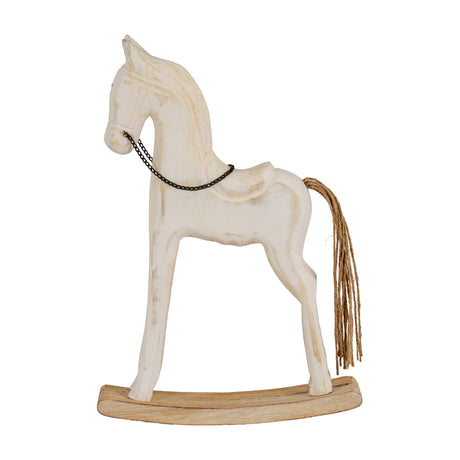 Hill Interiors large rustic wooden rocking horse in whitewashed brown finish with chain bridle and jute tail on a curved wooden base.