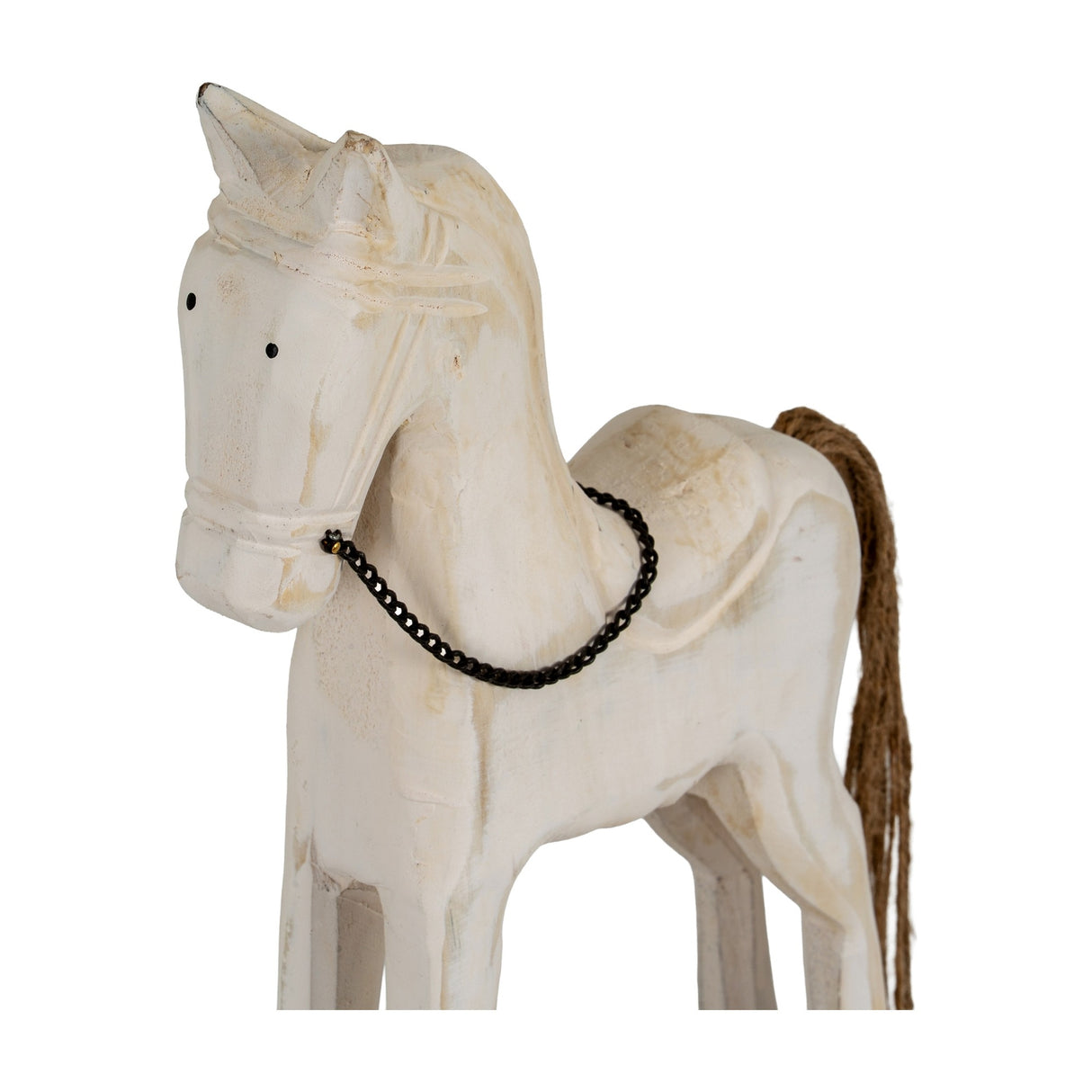 Hill Interiors rustic whitewashed wooden rocking horse with carved mane, dark chain bridle and frayed rope tail on a white background.