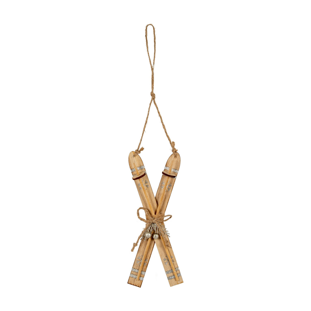 Hill Interiors Natural Rustic Crossed Skis Wooden Ornament in beige with silver snowflake detail, jute bow and hanging loop, on a white background.
